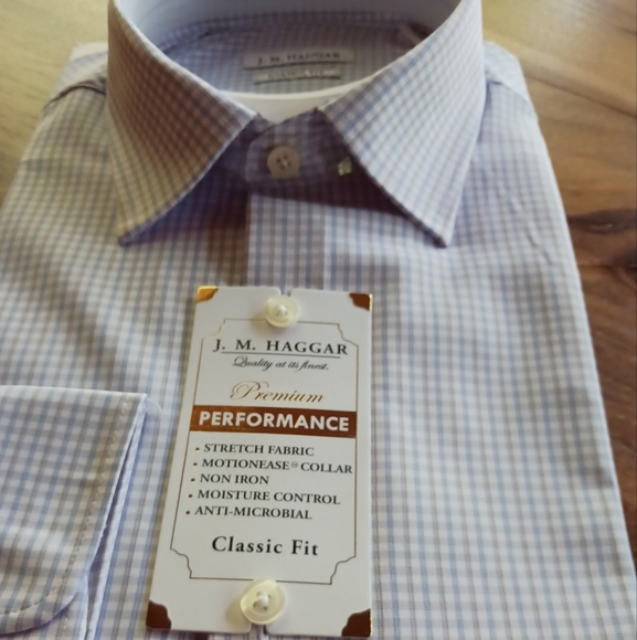 J.M.Haggar Premium Performance EZ Care Dress Shirt- Light Blue Plaid  RETAIL=$60 - Picture 1 of 4